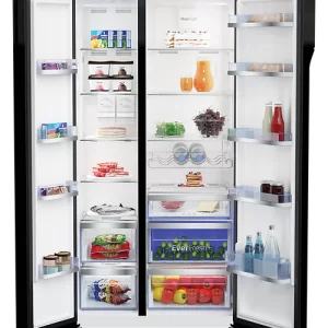 Beko Freestanding American Fridge Freezer in Black Glass SKU: GN163140ZGBN